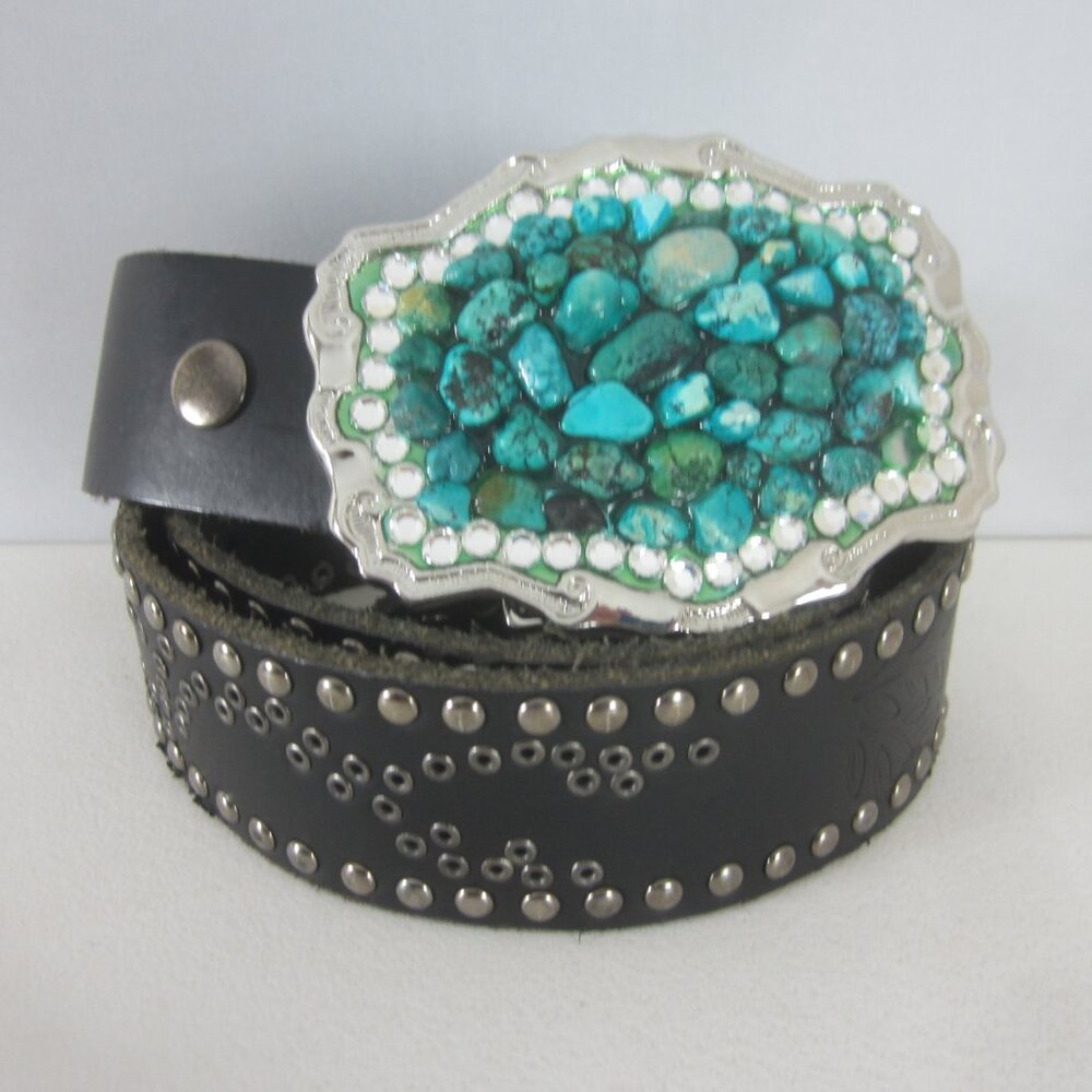 Unbranded Womens L Black Leather Turquoise Blue Chunks Rhinestone Tooled Belt